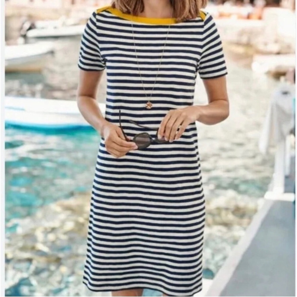 Boden Georgia Jersey T-Shirt Dress 6P Navy Ivory Stripe Mustard Trim Cotton
